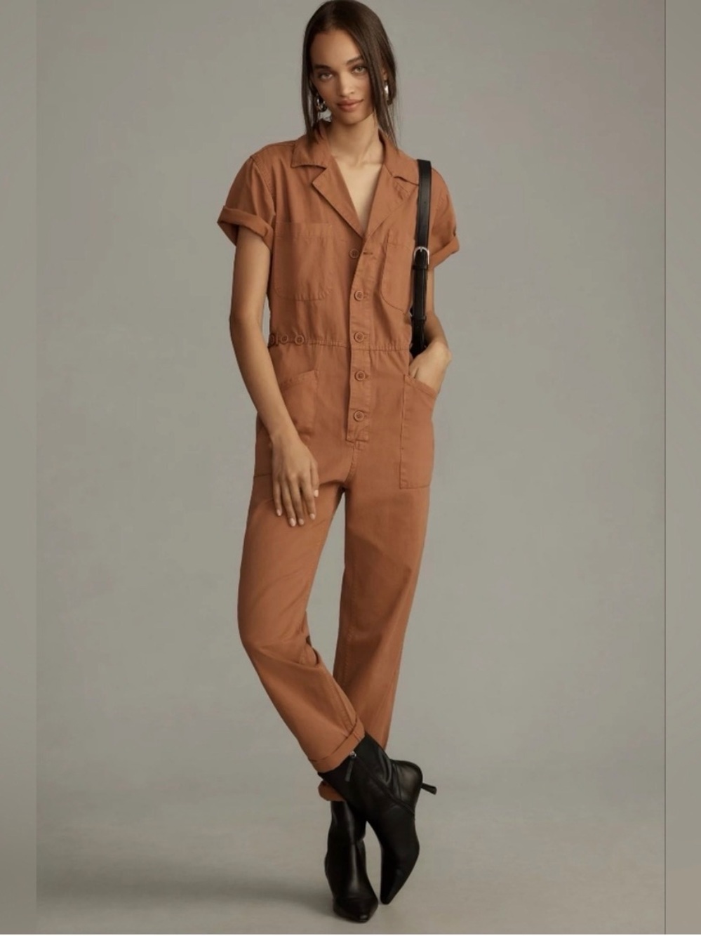NWOT Pistola Grover Short Sleeve Utility Jumpsuit - Tan / Size M - Cotton